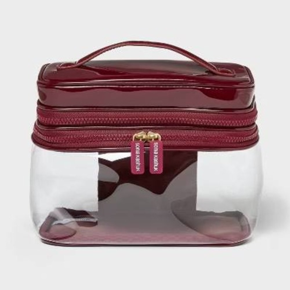 Sonia Kashuk Makeup Bag Women OS Burgundy Clear Travel Cosmetic Case NWT